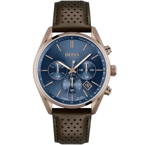Hugo Boss Champion 1513817 men's chronograph watch with blue sunburst dial, luminous silver hands, three sub-dials, tachymeter bezel, brown leather strap.