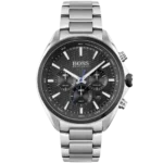 Hugo Boss Distinct 1513857 men's chronograph watch with a black sunburst dial and silver stainless steel bracelet.