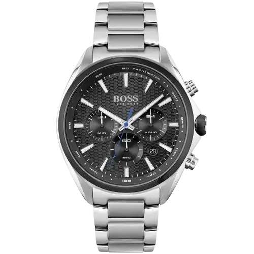 ساعة هوجو بوس ديستينكت 1513857 رجالية كرونوغراف، بمينا أسود إشعاع شمسي وسوار ستانلس ستيل فضي.