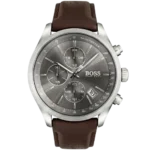 Hugo Boss Grand Prix 1513476 men's chronograph watch with a grey dial and brown leather strap.