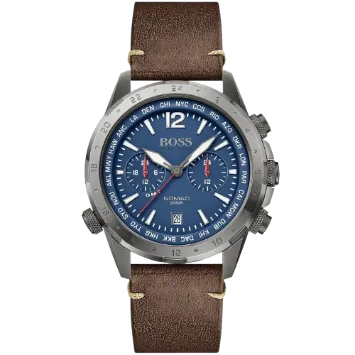Hugo Boss Nomad 1513773 men's chronograph watch with a blue sunburst dial and brown leather strap.