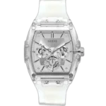 Guess Phoenix GW0203G1 watch for men, with a silver dial and a clear transparent silicone strap.