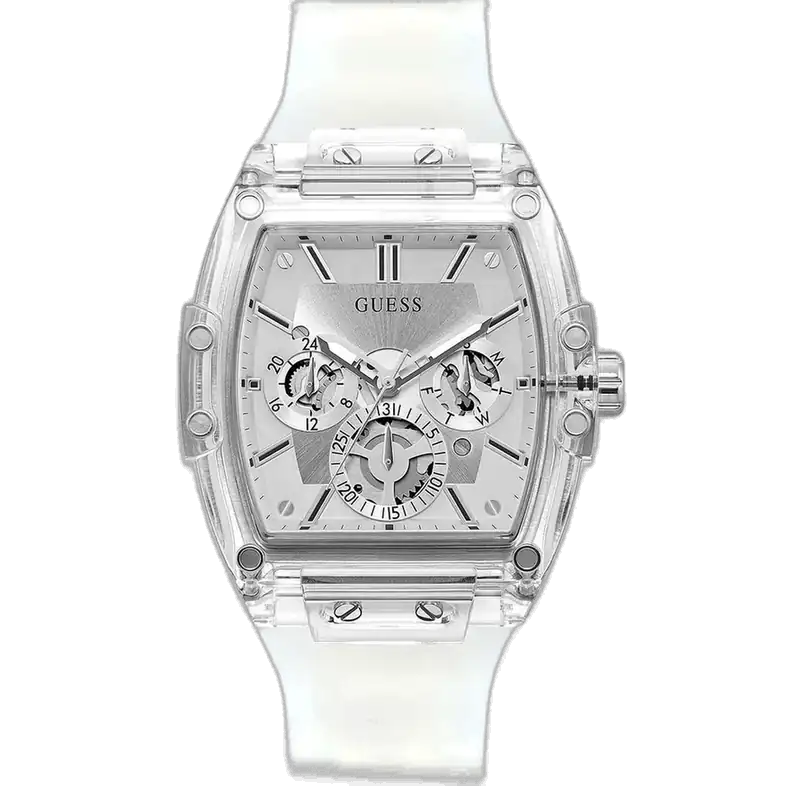 ساعة جيس فينيكس GW0203G1 للرجال، بمينا فضية واستيك سيليكون شفاف.