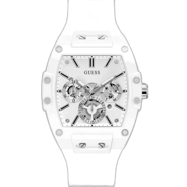 Guess Phoenix GW0203G2 watch for men, with a white dial and a white silicone strap.