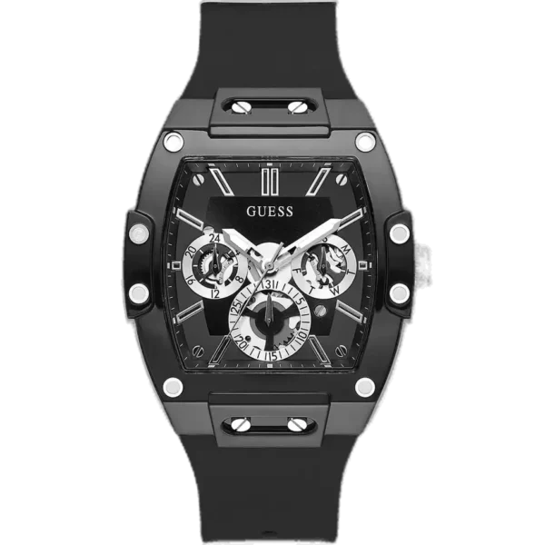 Guess Phoenix GW0203G3 watch for men, with a black dial and a black silicone strap.