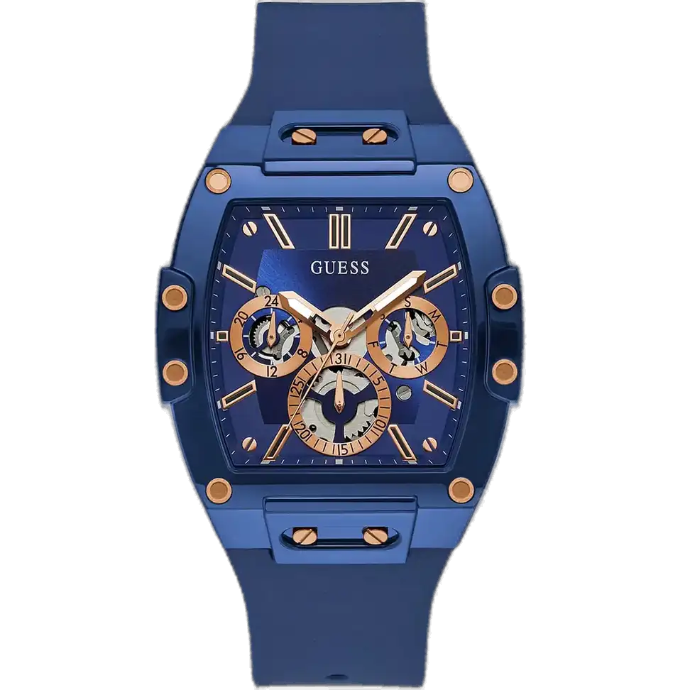 Guess Phoenix GW0203G7 watch for men, with a blue dial and a blue silicone strap.