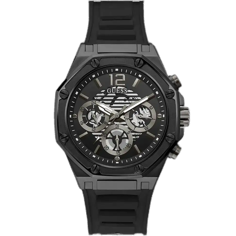 ساعة جيس مومنتم GW0263G4 للرجال، بمينا سوداء واستيك سيليكون أسود مطفي.