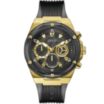 ساعة جيس بوسيدون GW0425G1 للرجال، بمينا سوداء وهيكل بنبرة ذهبية واستيك بولي يوريثين أسود.