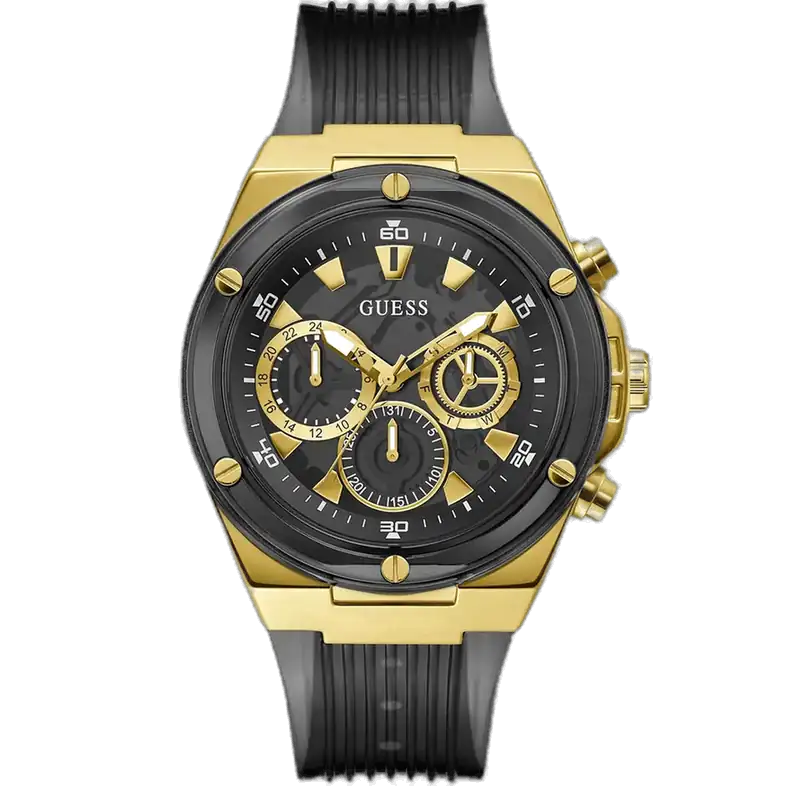 Guess Poseidon GW0425G1 watch for men, with a black dial, gold-tone case, and a black polyurethane strap.