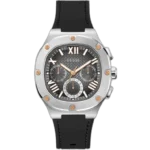 Guess Headline GW0571G1 multi-function watch for men, with a black dial, black case, and a black silicone strap.