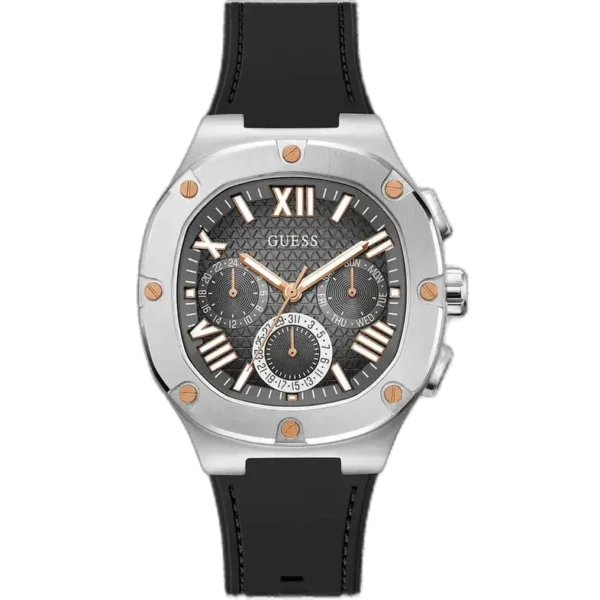 Guess Headline GW0571G1 multi-function watch for men, with a black dial, black case, and a black silicone strap.