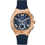 Guess Headline GW0571G2 multi-function watch for men, with a navy blue dial, navy case, and a navy blue silicone strap.