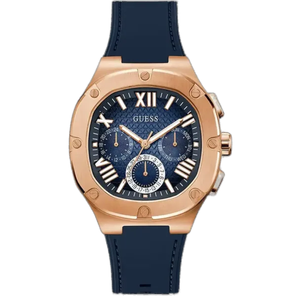 Guess Headline GW0571G2 multi-function watch for men, with a navy blue dial, navy case, and a navy blue silicone strap.