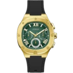 Guess Headline GW0571G3 multi-function watch for men, with a green dial, gold case, and a black silicone strap.