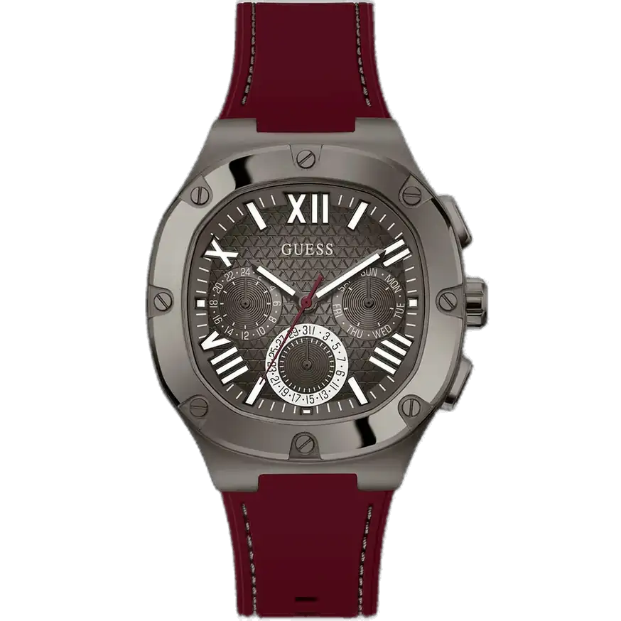 Guess Headline GW0571G4 multi-function watch for men, with a gray dial, gunmetal case, and a red silicone strap.