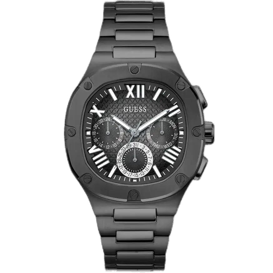 Guess Headline GW0572G3 multi-function watch for men, with an all-black dial, black stainless steel case, and a black stainless steel strap.