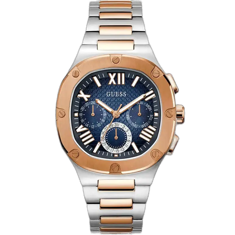 ساعة جيس هيد لاين GW0572G4 متعددة الوظائف للرجال، بمينا زرقاء متدرجة، هيكل ستانلس ستيل فضي مع إطار ذهبي وردي، واستيك معدني فضي وذهبي وردي ثنائي اللون.