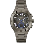 Guess Headline GW0572G5 multi-function watch for men, with a gunmetal (dark grey) dial, gunmetal stainless steel case, and a gunmetal metal strap.