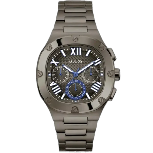 Guess Headline GW0572G5 multi-function watch for men, with a gunmetal (dark grey) dial, gunmetal stainless steel case, and a gunmetal metal strap.