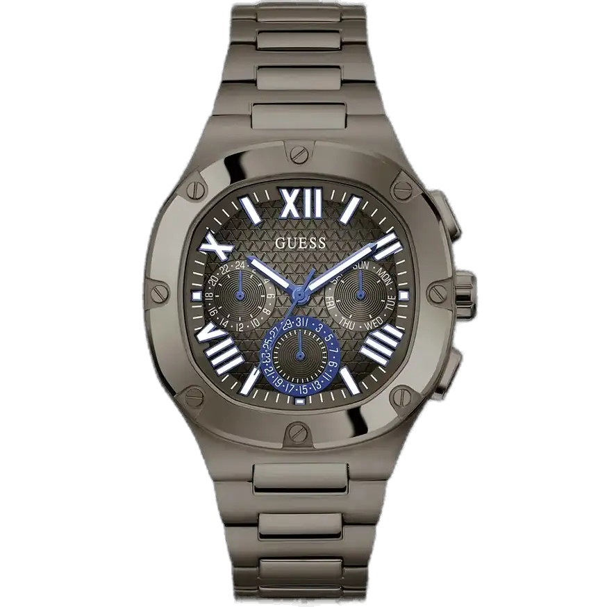Guess Headline GW0572G5 multi-function watch for men, with a gunmetal (dark grey) dial, gunmetal stainless steel case, and a gunmetal metal strap.