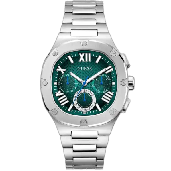 Guess Headline GW0572G6 multi-function watch for men, with a gradient green dial, silver stainless steel case, and a silver metal strap.