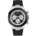 Guess Empire GW0583G1 men's multi-function watch, with a silver case, black bezel, black multi-function dial, and a black silicone rubber strap.