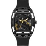 Guess Legend GW0648G1 men's all-black watch, 44mm case, black silicone strap, with a black embossed dragon dial and black-plated stainless steel.