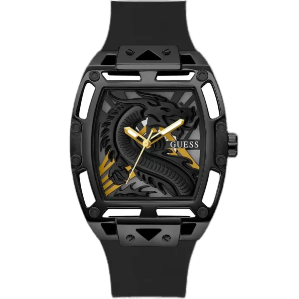 Guess Legend GW0648G1 men's all-black watch, 44mm case, black silicone strap, with a black embossed dragon dial and black-plated stainless steel.