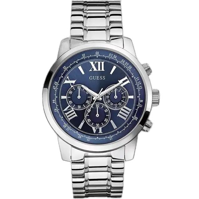 ساعة جيس هورايزون W0379G3 رجالي متعددة الوظائف، بهيكل ستانلس ستيل فضي، مينا زرقاء، وسوار معدني فضي.