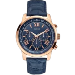 Guess Pursuit W0500G1 men's multi-function watch, with a silver stainless steel case, blue dial, and a brown genuine leather strap.