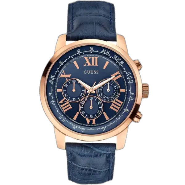 Guess Pursuit W0500G1 men's multi-function watch, with a silver stainless steel case, blue dial, and a brown genuine leather strap.