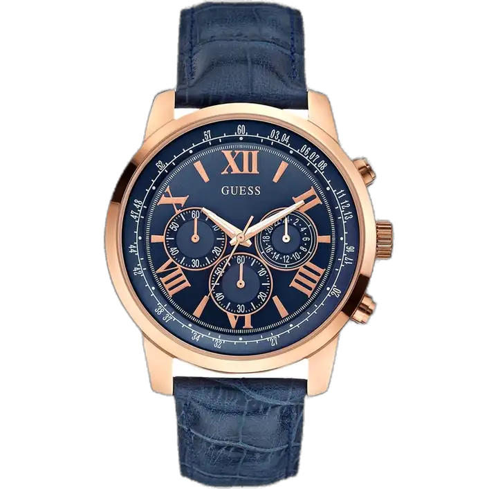 Guess Pursuit W0500G1 men's multi-function watch, with a silver stainless steel case, blue dial, and a brown genuine leather strap.