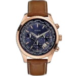 Guess Pursuit W0500G1 men's multi-function watch, with a silver stainless steel case, blue dial, and a brown genuine leather strap.