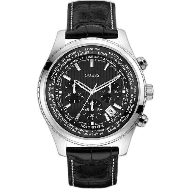 ساعة جيس برسوت W0500G2 رجالي متعددة الوظائف، بهيكل ستانلس ستيل مطلي بالأسود، مينا سوداء، واستيك جلد طبيعي أسود.