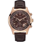 Guess Pursuit W0500G3 men's analogue watch, with a silver stainless steel case, brown dial, and a brown genuine leather strap.