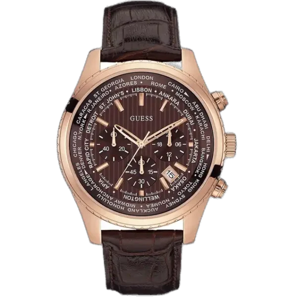 Guess Pursuit W0500G3 men's analogue watch, with a silver stainless steel case, brown dial, and a brown genuine leather strap.
