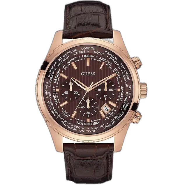 ساعة جيس برسيوت W0500G3 رجالي أنالوج، بهيكل ستانلس ستيل فضي، مينا بنية، واستيك جلد طبيعي بني.