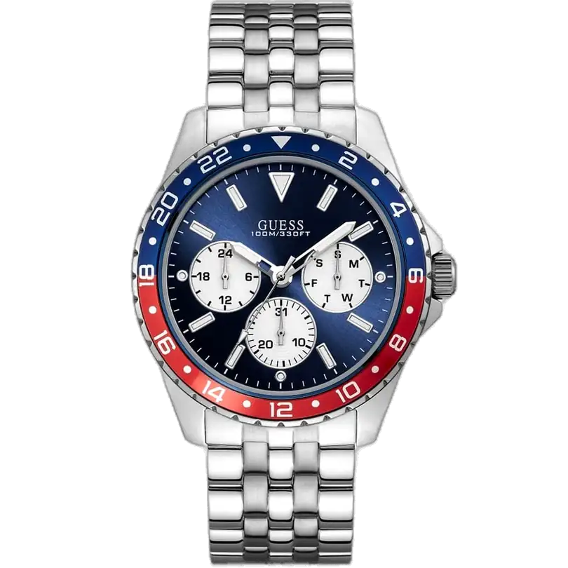 ساعة جيس أوديسي W1107G2 رجالي، بهيكل ستانلس ستيل فضي، مينا زرقاء، وسوار معدني فضي.