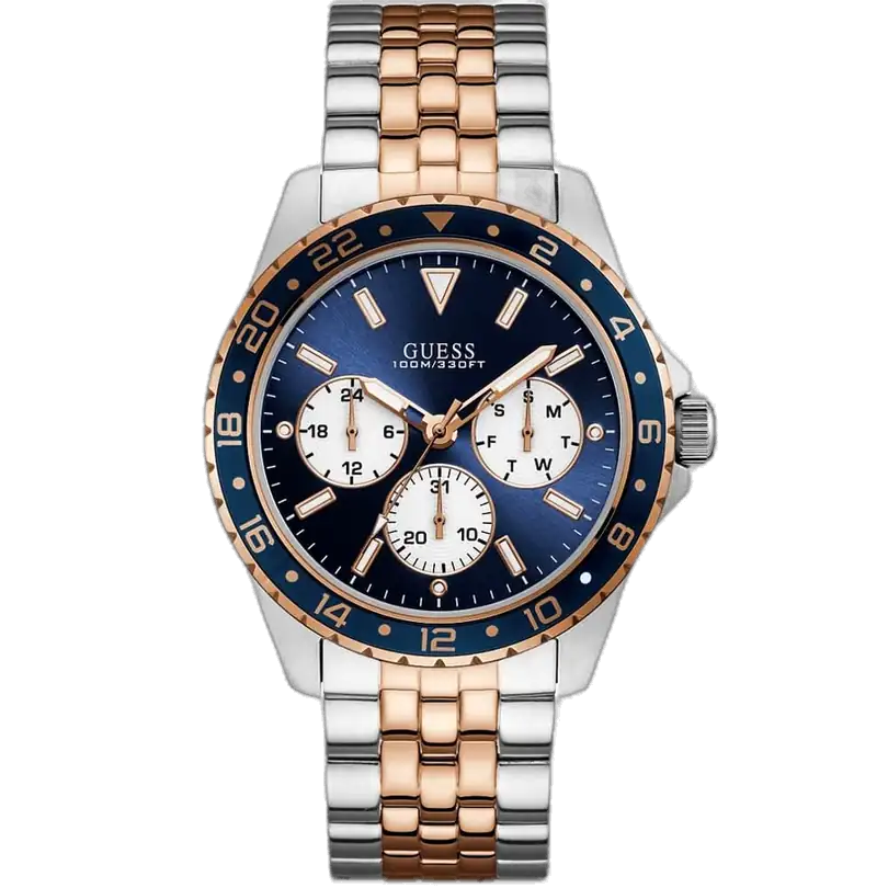 ساعة جيس أوديسي W1107G3 رجالي، بهيكل ثنائي اللون فضي ونحاسي، مينا زرقاء، وسوار معدني ثنائي اللون.