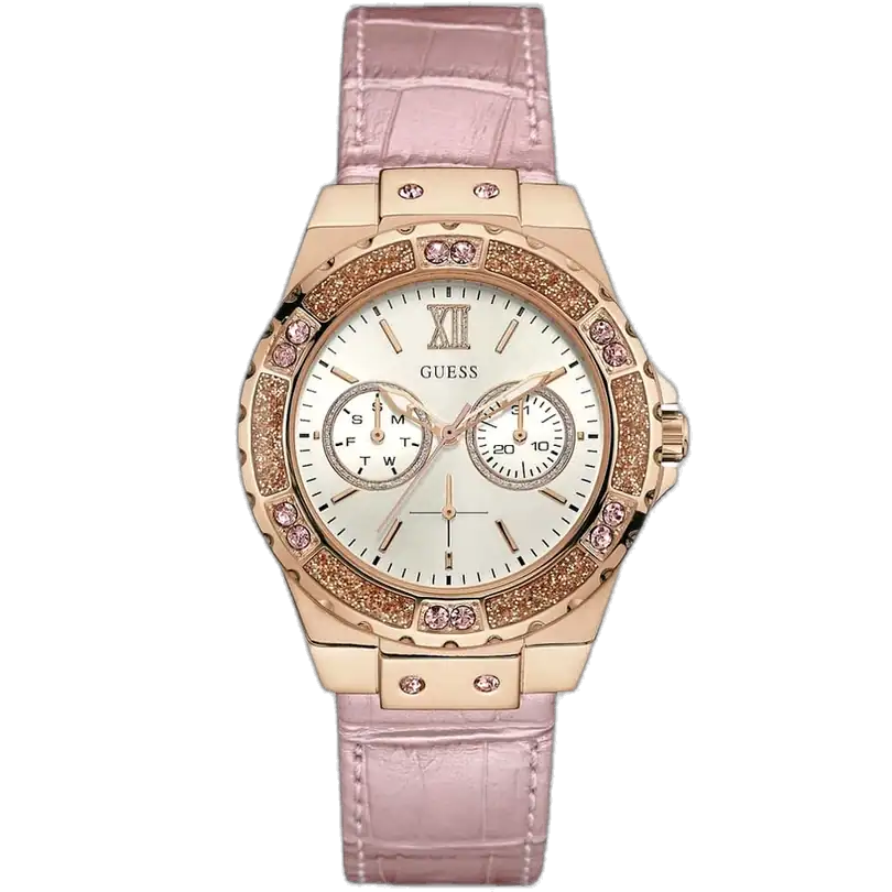 Guess Limelight W0775L3 women's watch, with a silver stainless steel case, white dial with crystal accents, and a pink genuine leather strap.