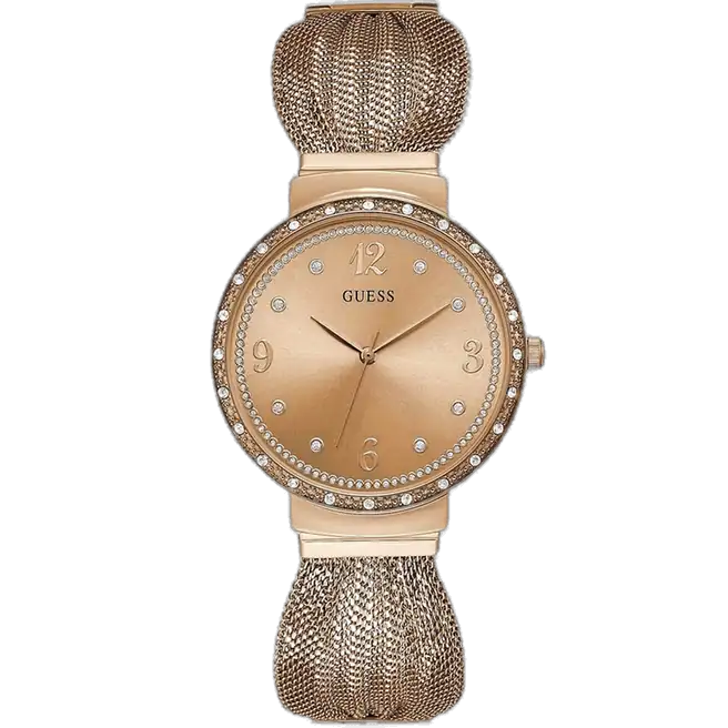 Guess Chiffon W1083L3 women's watch, with an all rose gold-tone stainless steel case, rose gold-tone dial, and a rose gold-tone metal bracelet.