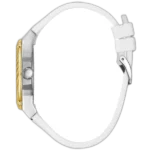 Guess Zena W1094L1 women's multi-function watch, with a gold-tone and stainless steel case, white dial, and a white silicone rubber strap.
