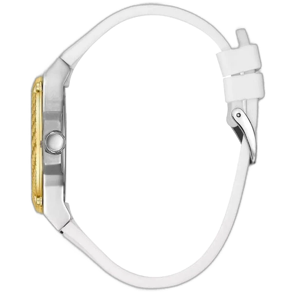 Guess Zena W1094L1 women's multi-function watch, with a gold-tone and stainless steel case, white dial, and a white silicone rubber strap.