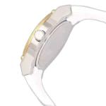 Guess Zena W1094L1 women's multi-function watch, with a gold-tone and stainless steel case, white dial, and a white silicone rubber strap.