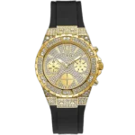 Guess Aphrodite GW0038L1 women's multi-function watch, with a polished gold-tone stainless steel case, fully crystal-studded gold dial, and a comfortable black silicone rubber strap.
