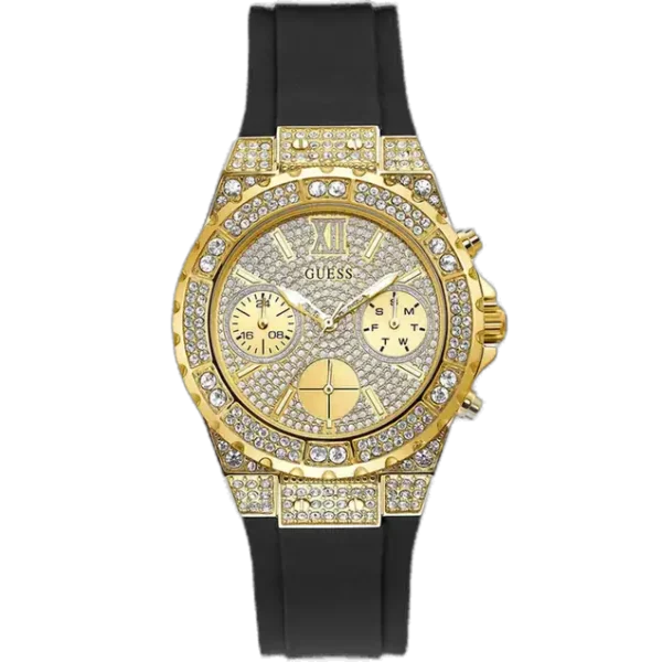 Guess Aphrodite GW0038L1 women's multi-function watch, with a polished gold-tone stainless steel case, fully crystal-studded gold dial, and a comfortable black silicone rubber strap.