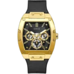 Guess Phoenix GW0202G1 men's multi-function watch, with a polished gold-tone stainless steel barrel case, black skeleton-effect dial, and a comfortable black leather-over-silicone FLEX strap.