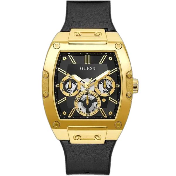 Guess Phoenix GW0202G1 men's multi-function watch, with a polished gold-tone stainless steel barrel case, black skeleton-effect dial, and a comfortable black leather-over-silicone FLEX strap.