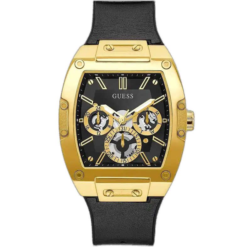 ساعة جيس فينيكس GW0202G1 رجالية متعددة الوظائف، بهيكل ستانلس ستيل مطلي بالذهب اللامع بشكل برميلي، مينا سوداء بتأثير هيكلي، وسوار FLEX أسود جلد على سيليكون.