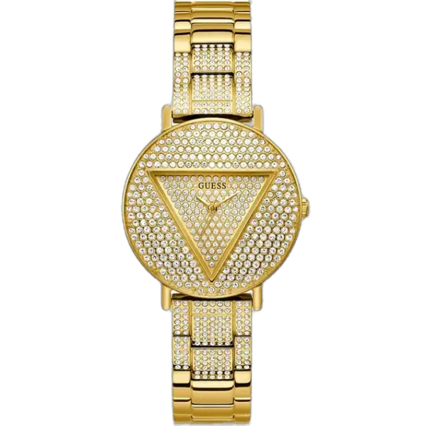 : Guess Trend GW0512L2 women's gold-tone analog watch, featuring a crystal-studded bezel, a gold crystal-accented dial, and a matching gold stainless steel bracelet.